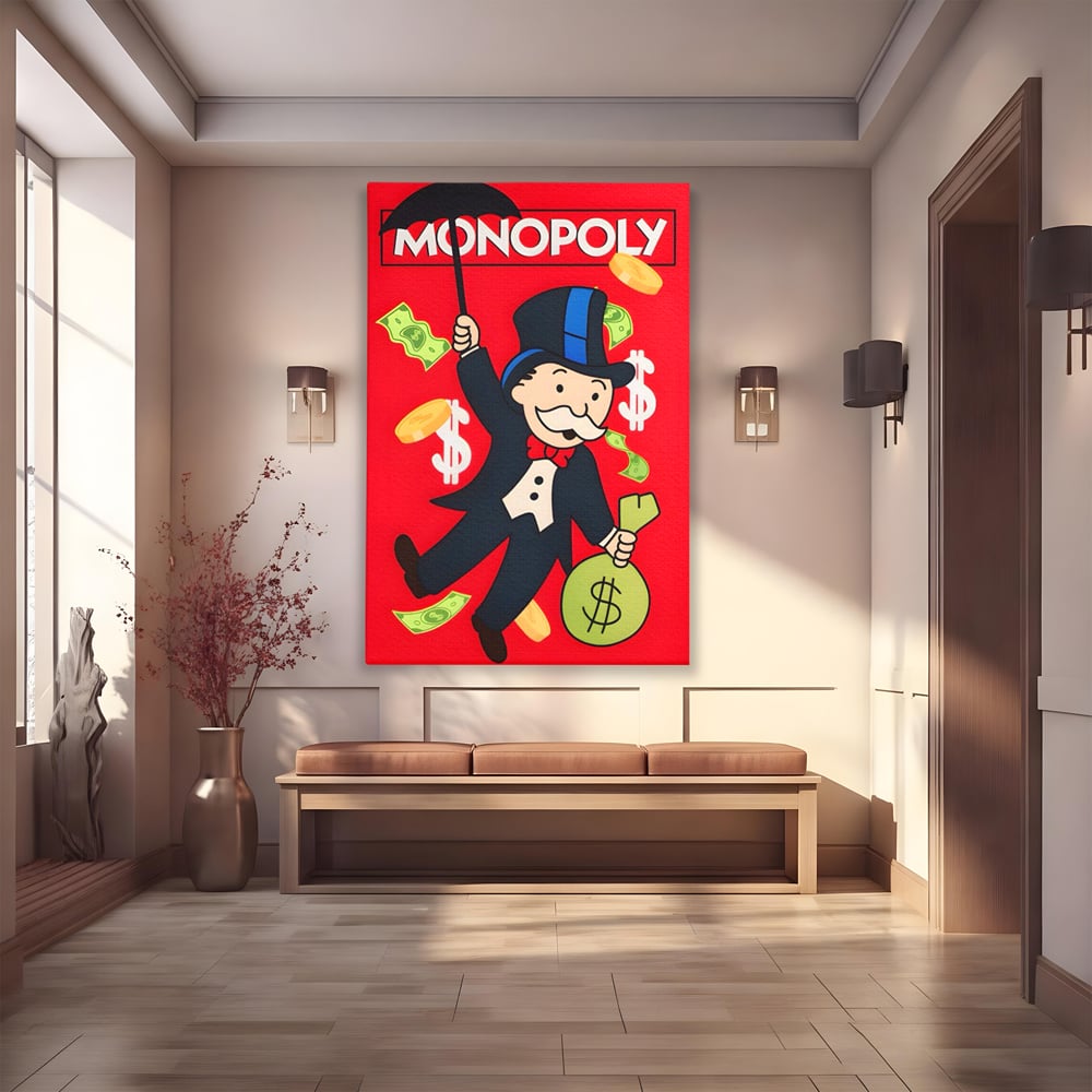 Tablou canvas cu tablou canvas cu domnul monopoly pe fond rosu, fara rama, pe sasiu de lemn